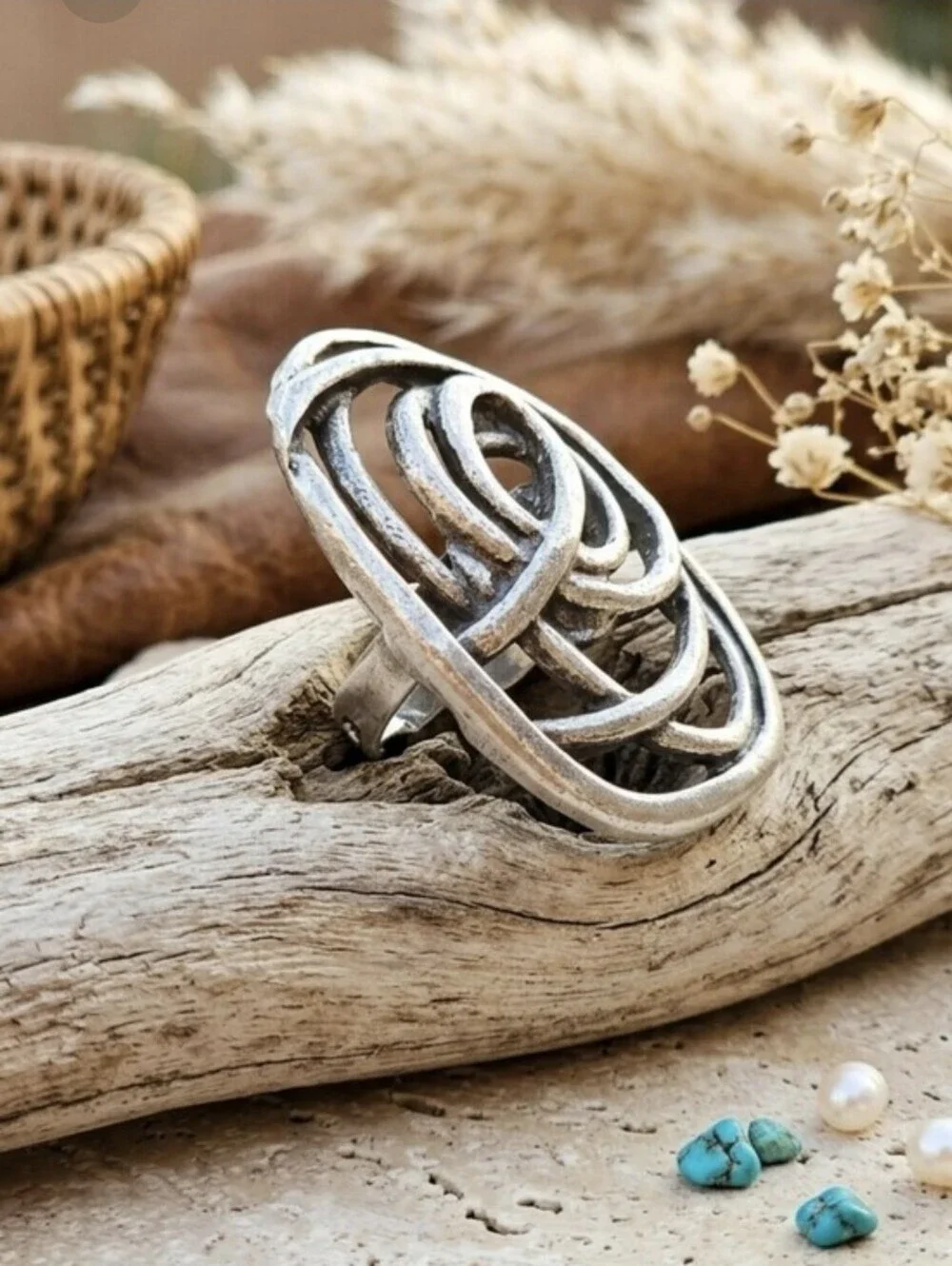 Turkish Zamak Rose Ring Large Statement Adjustable Boho Western Antiqued Silver